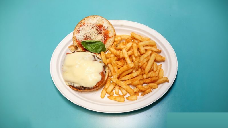Pizza Burger and Fries at Harbor Eats